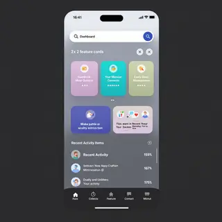 A mobile app UI mockup showing a dashboard with a top naviga