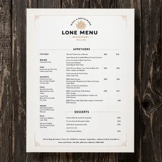 A restaurant menu layout with a logo header, three category 