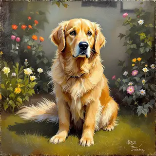 A golden retriever sitting in a garden, painted in the style