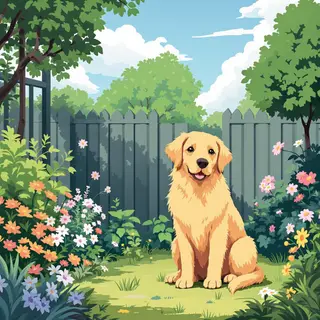 A golden retriever sitting in a garden, rendered in Japanese