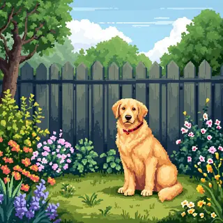A golden retriever sitting in a garden, rendered in pixel ar