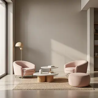An interior scene rendered in soft brutalism — raw concrete 