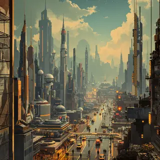 A cityscape rendered in nostalgic futurism — retro-futuristi