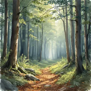 A forest rendered in photorealistic watercolor — the detail 