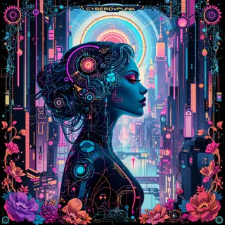 A woman in a futuristic city rendered in cyberpunk Art Nouve