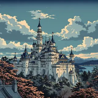 A medieval castle depicted in Japanese ukiyo-e woodblock pri