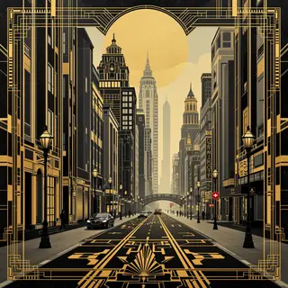 A city street scene in the style of Art Deco — geometric sha