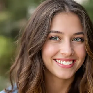 A close-up portrait of a young woman with a warm natural smi