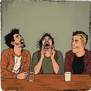 A group of three friends at a table: one laughing with head 