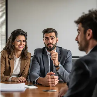 Three coworkers in a meeting: one looking frustrated with fu