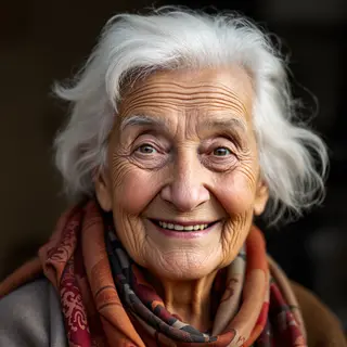 An elderly woman in her 80s with deep wrinkles and white hai
