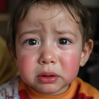 A 5-year-old child with round cheeks and large eyes, crying 