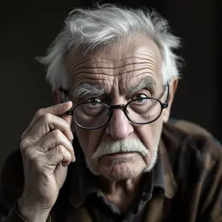 An elderly man in his 70s with age spots and thinning gray h