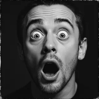 A portrait capturing genuine surprise — raised eyebrows, wid