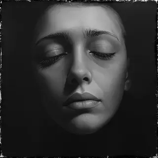 A face showing quiet melancholy — downcast eyes, slightly dr