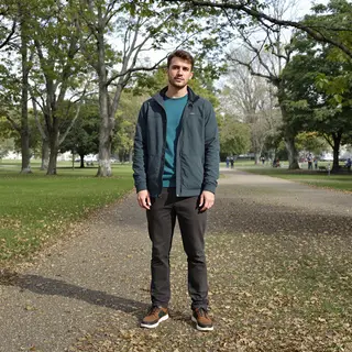 A person standing in a neutral pose in a park, full body vis