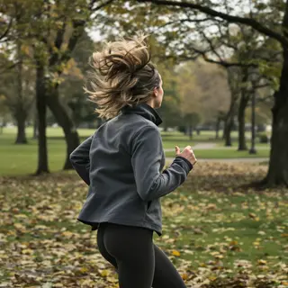 A woman mid-stride running through a park, hair and clothes 