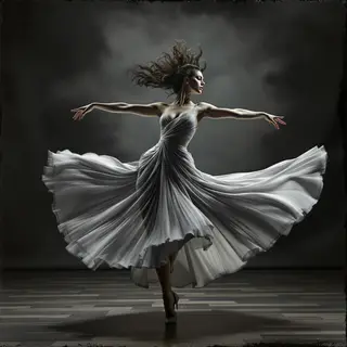 A dancer in a dynamic spin, dress flowing outward with one l