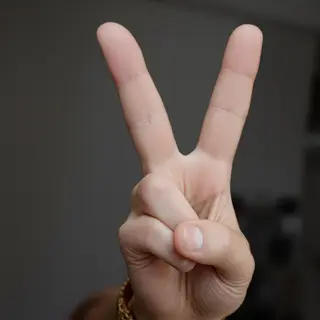 A person making a peace sign with their right hand, clearly 