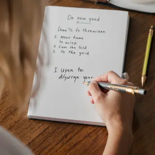 A woman writing in a notebook with a pen gripped correctly i