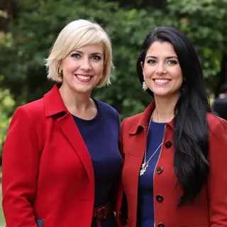 Two women standing side by side: one with short blonde hair 