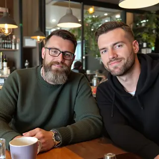 Two men at a cafe: one with a beard and glasses wearing a gr