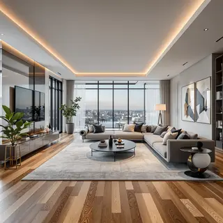 A wide-angle shot of a modern living room interior showing e