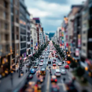 A tilt-shift photograph of a city street making real-life lo