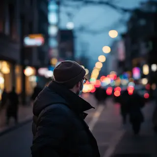 A street photograph with shallow depth of field as if shot a