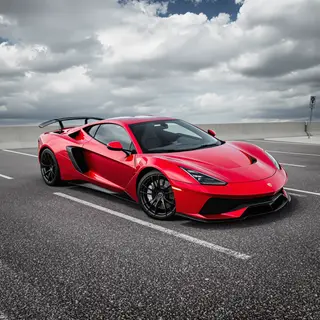 A bright red sports car parked on a gray asphalt road — the 