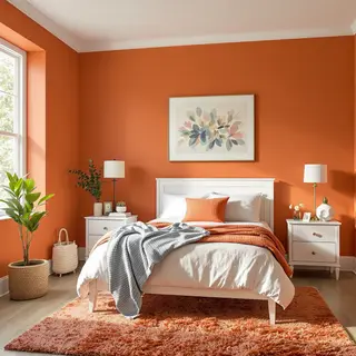 A bedroom wall painted in #FF6B35 (burnt orange) with white 