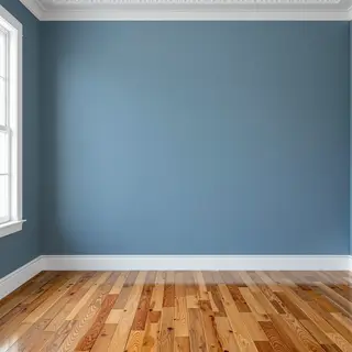 A room with walls in #4A90D9 (medium blue) with warm wooden 