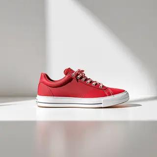 A single red sneaker on a clean white background with soft s