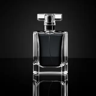 A clear glass perfume bottle on a reflective black surface w