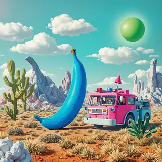 A pink fire truck, a blue banana, and a green sun in a surre