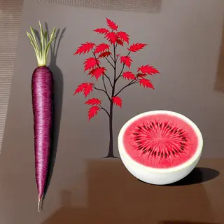 A purple carrot, a red tree with red leaves, and a white wat