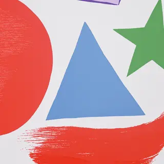 A large red circle, a small blue triangle, and a medium gree