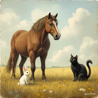A big brown horse, a small white rabbit, and a medium-sized 