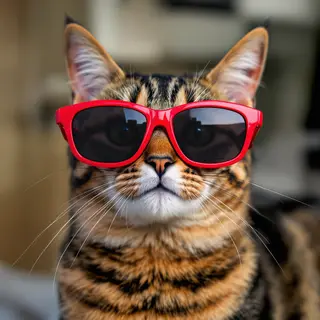 A tabby cat wearing oversized red sunglasses
