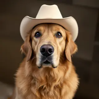 A golden retriever wearing a tiny cowboy hat