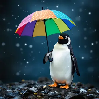 A penguin holding a colorful umbrella