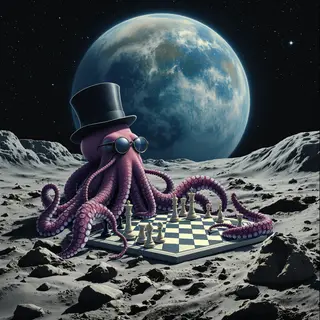 An octopus wearing a top hat and monocle playing chess on th
