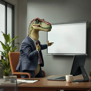 A dinosaur in a business suit giving a PowerPoint presentati