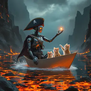 A robot dressed as a pirate sailing a paper boat on a lake o
