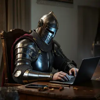 A medieval knight in full armor sitting at a desk typing on 