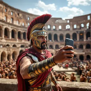 A Roman gladiator taking a selfie with a smartphone in the C