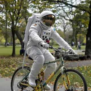 An astronaut in a spacesuit riding a bicycle through a park