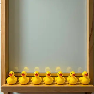 Exactly 5 yellow rubber ducks sitting in a row on a bathroom