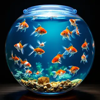 Exactly 9 goldfish swimming in a large round fishbowl
