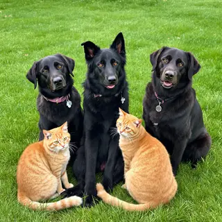 2 orange cats and 3 black dogs sitting together on a grassy 